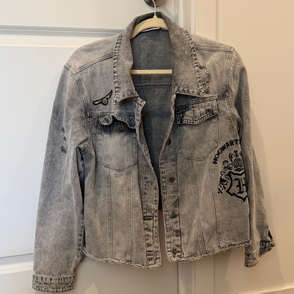 Gray Denim Jacket with Embroidered Patches